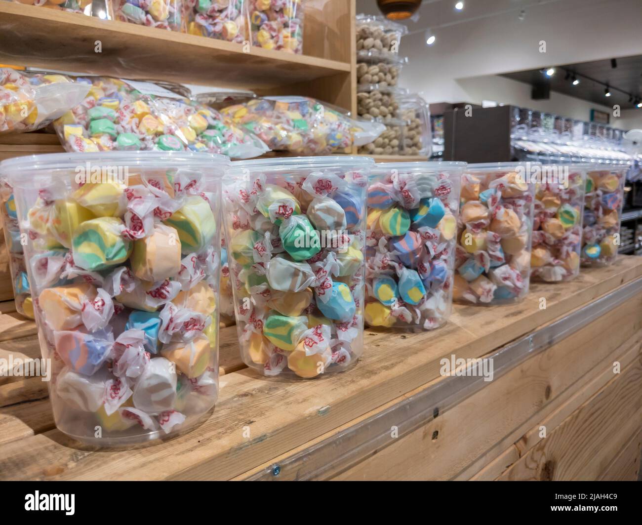 Mill Creek, WA USA - circa May 2022: Angled view of colorful taffy for sale inside a Town and Country grocery store. Stock Photo