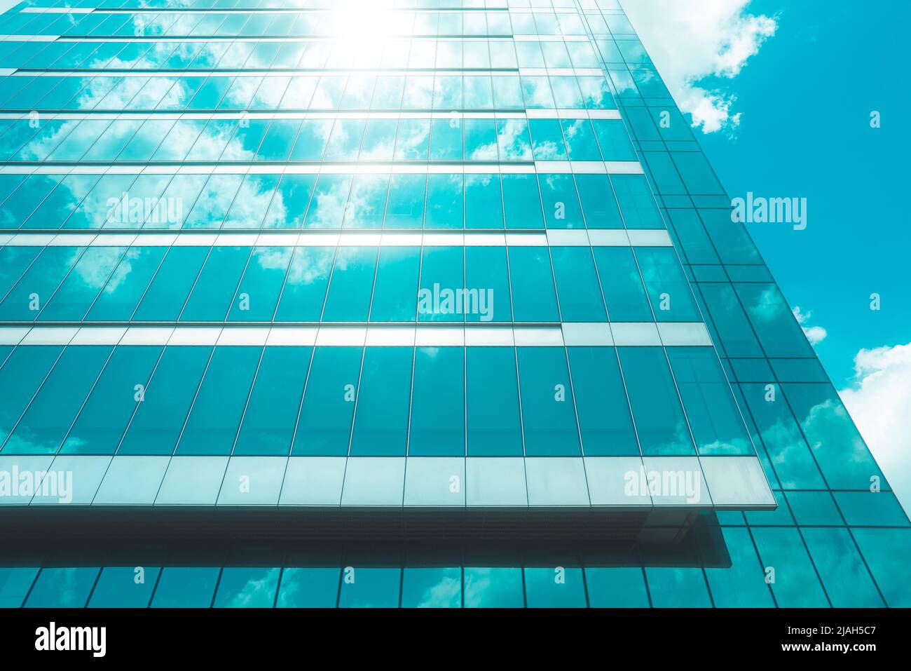 underside panoramic and perspective view to steel blue glass high rise building skyscrapers, business concept of successful industrial architecture Stock Photo