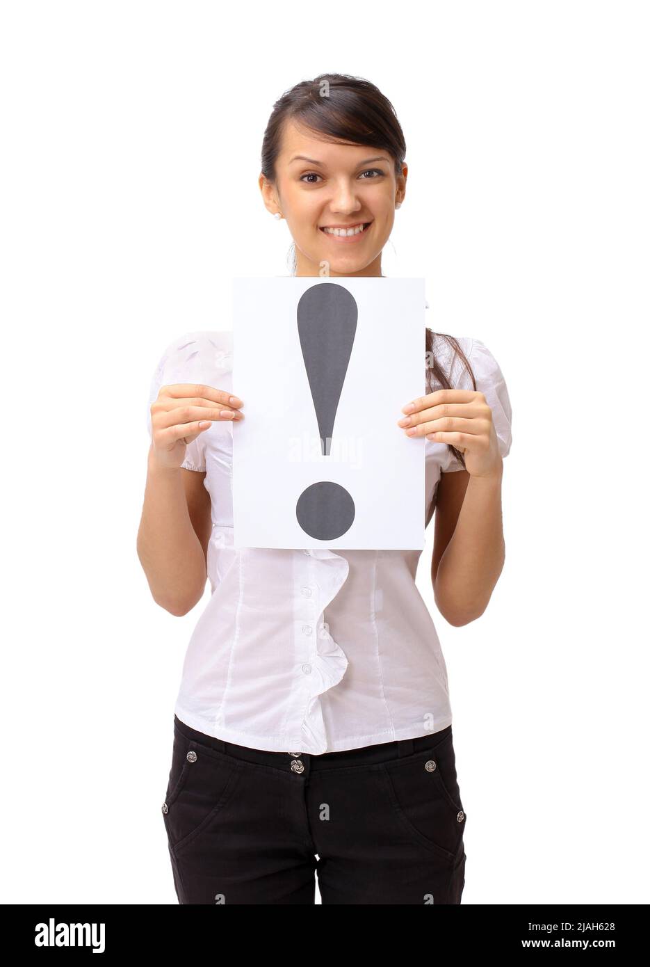 The beautiful business woman shows a symbol on a white background Stock