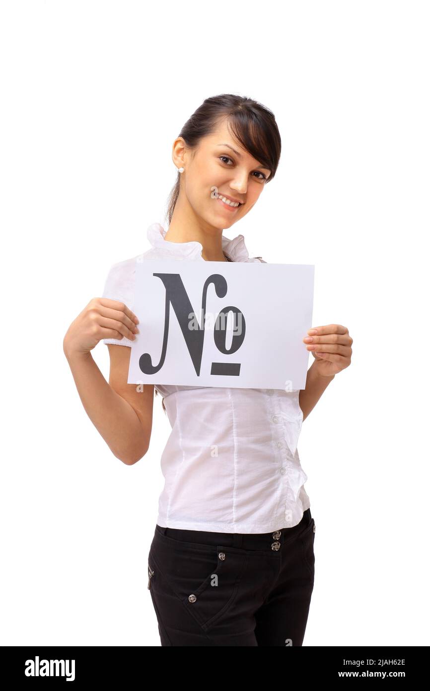 The beautiful business woman shows a symbol on a white background Stock