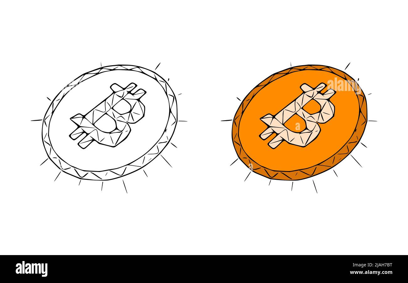 Bitcoin coins doodle icon isolated on white background Stock Vector