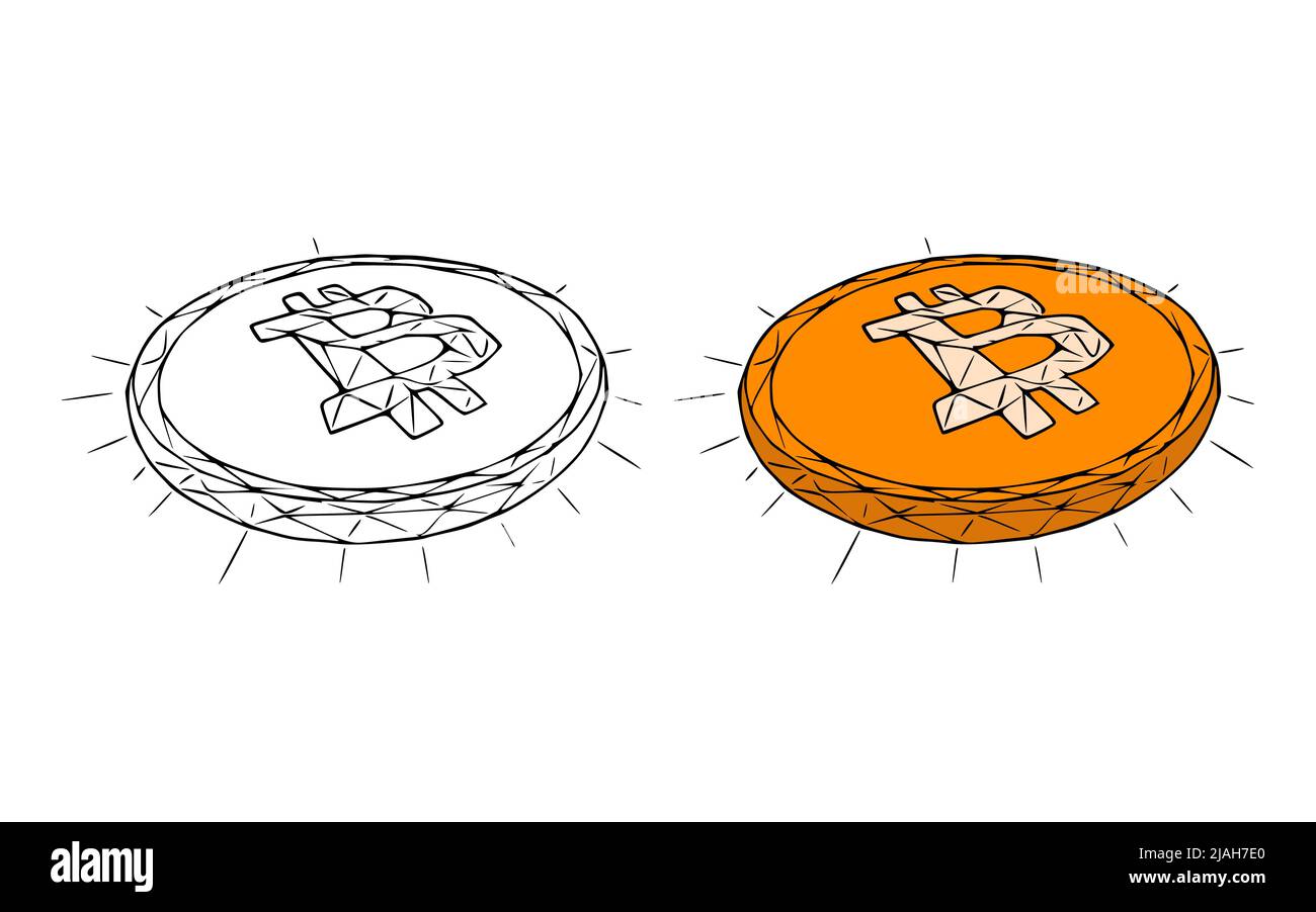 Bitcoin coins doodle icon isolated on white background Stock Vector