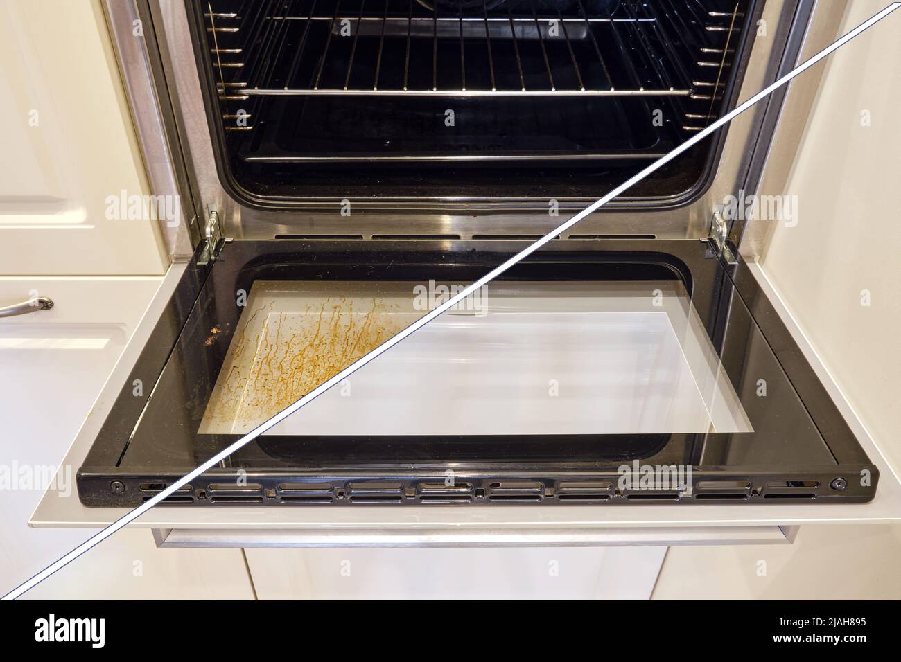 Dirty and clean oven, before and after cleaning and washing the stove