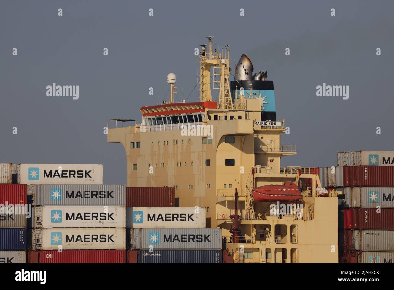 The container ship Maersk Kimi leaves the port of Rotterdam on March 18, 2022. Stock Photo