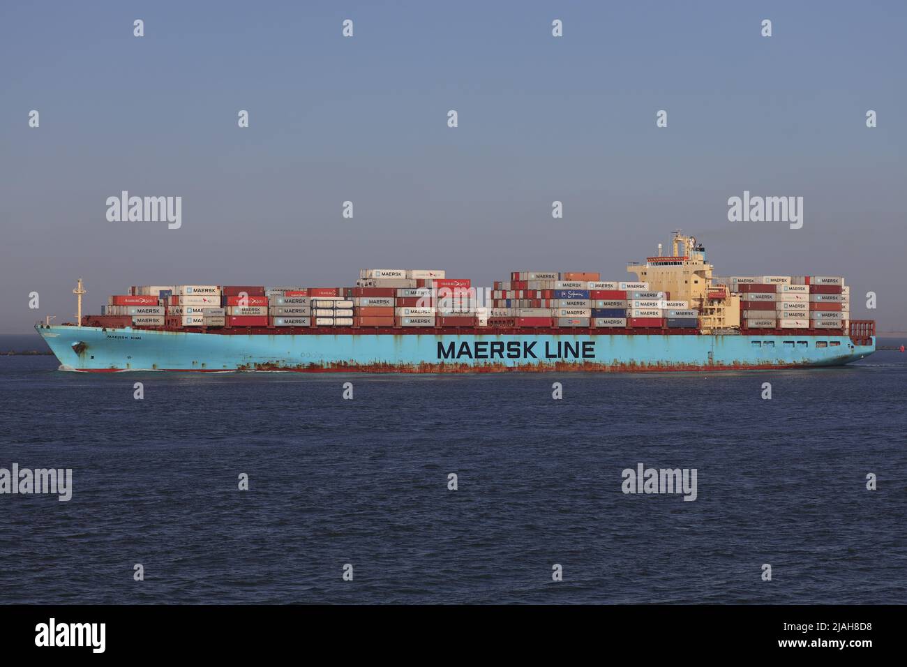 The container ship Maersk Kimi leaves the port of Rotterdam on March 18, 2022. Stock Photo