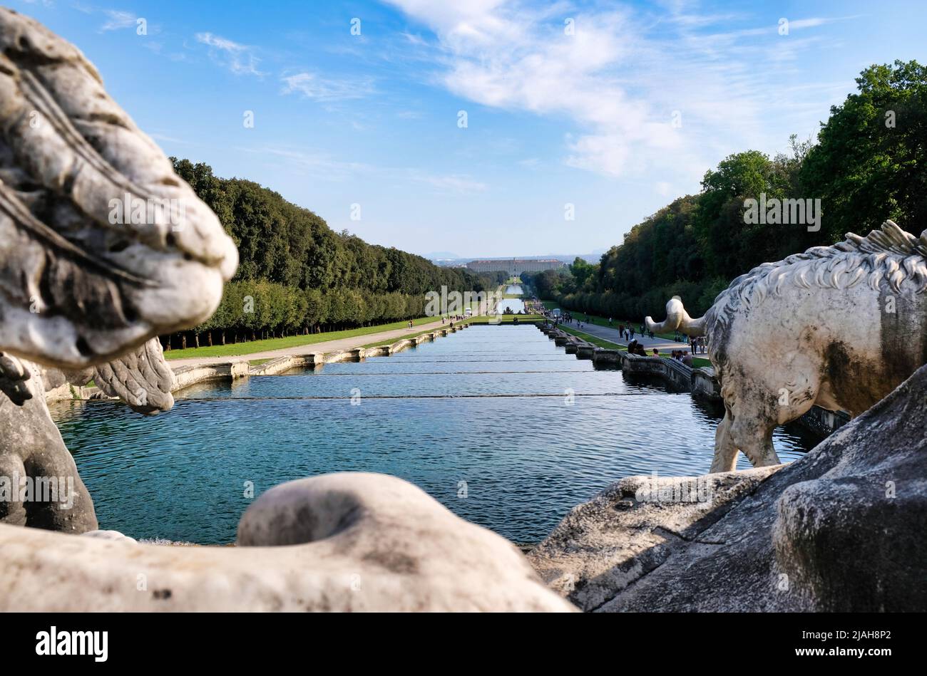 The Waterway with the Royal Palace of Caserta at the bottom as it appears from the Fountain of Venus and Adonis Stock Photo