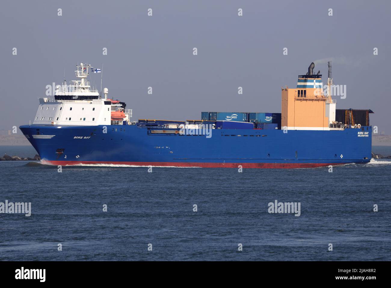 The ro-ro cargo ship Bore Bay departs the port of Rotterdam on March 18, 2022. Stock Photo