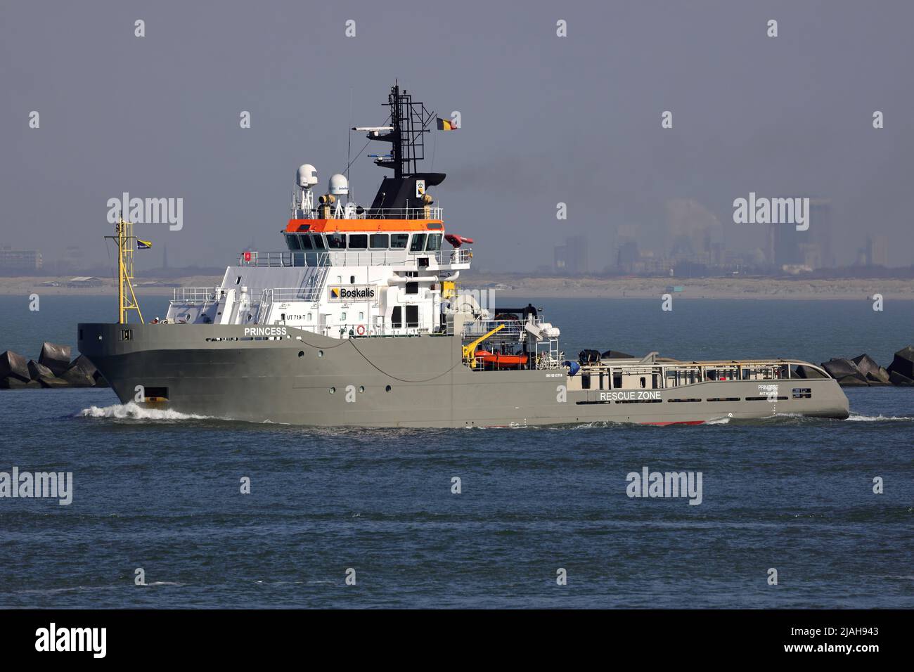 The offshore tugboat Princess leaves the port of Rotterdam on March 18, 2022. Stock Photo