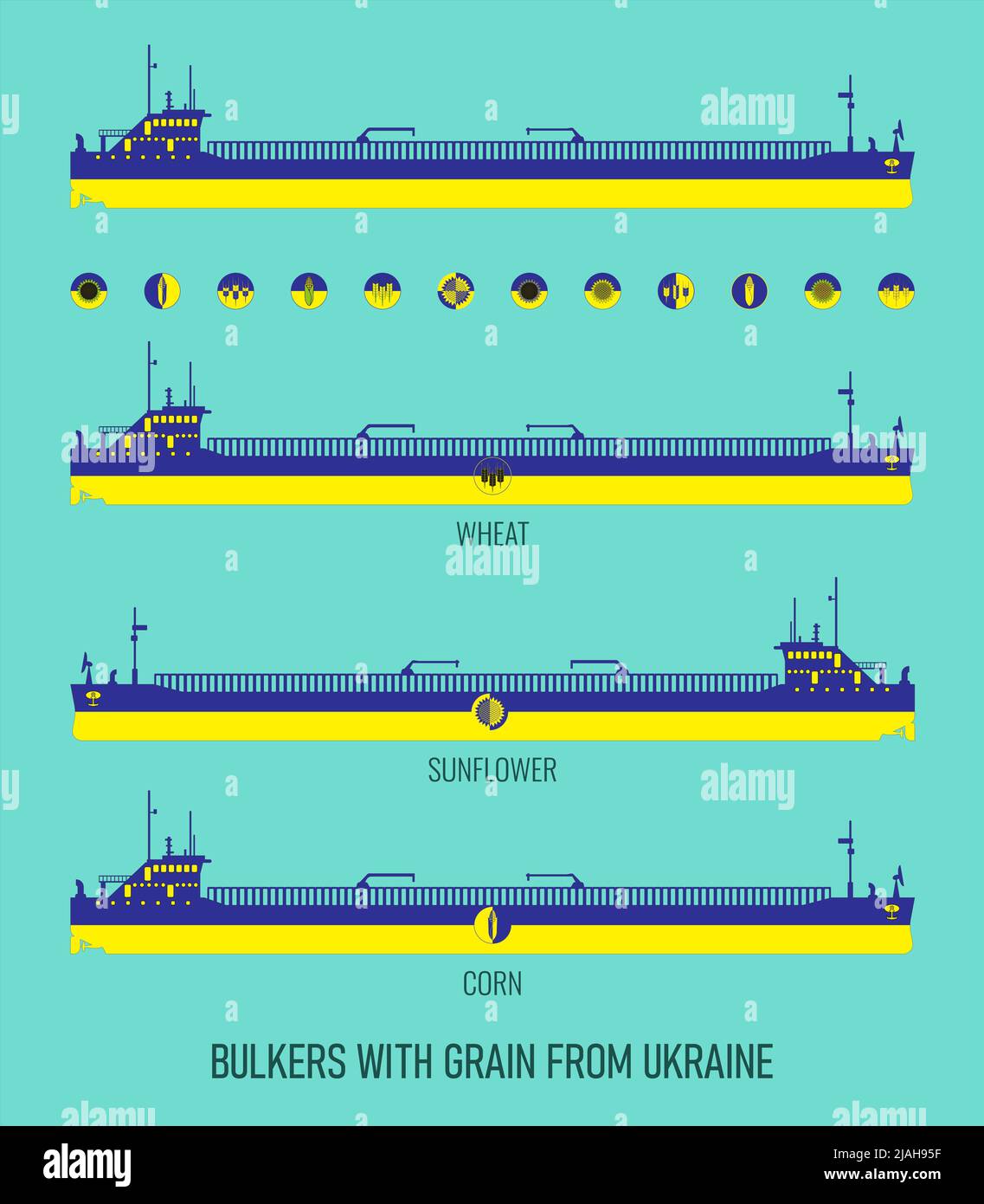 Icon set of dry cargo ships for transportation of bulk cereals and ...