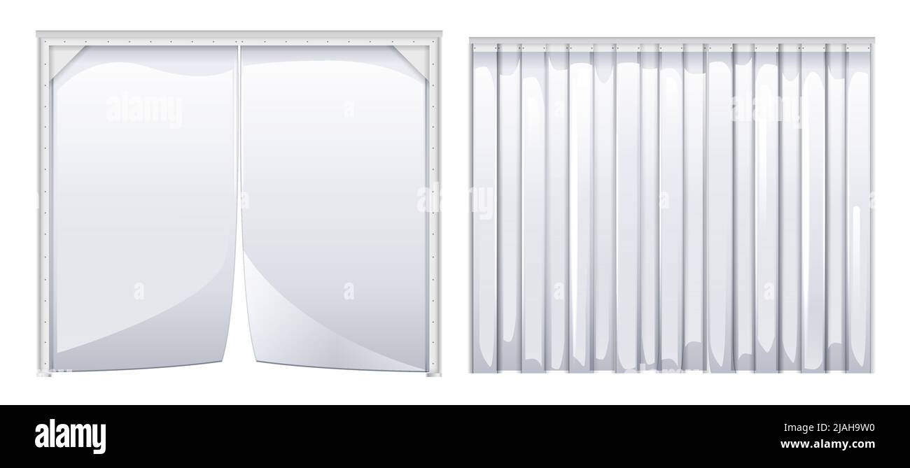 Polyethylene flexible curtain. Equipment for warehouses and entrances. Vector graphics. Transparency. Stock Vector
