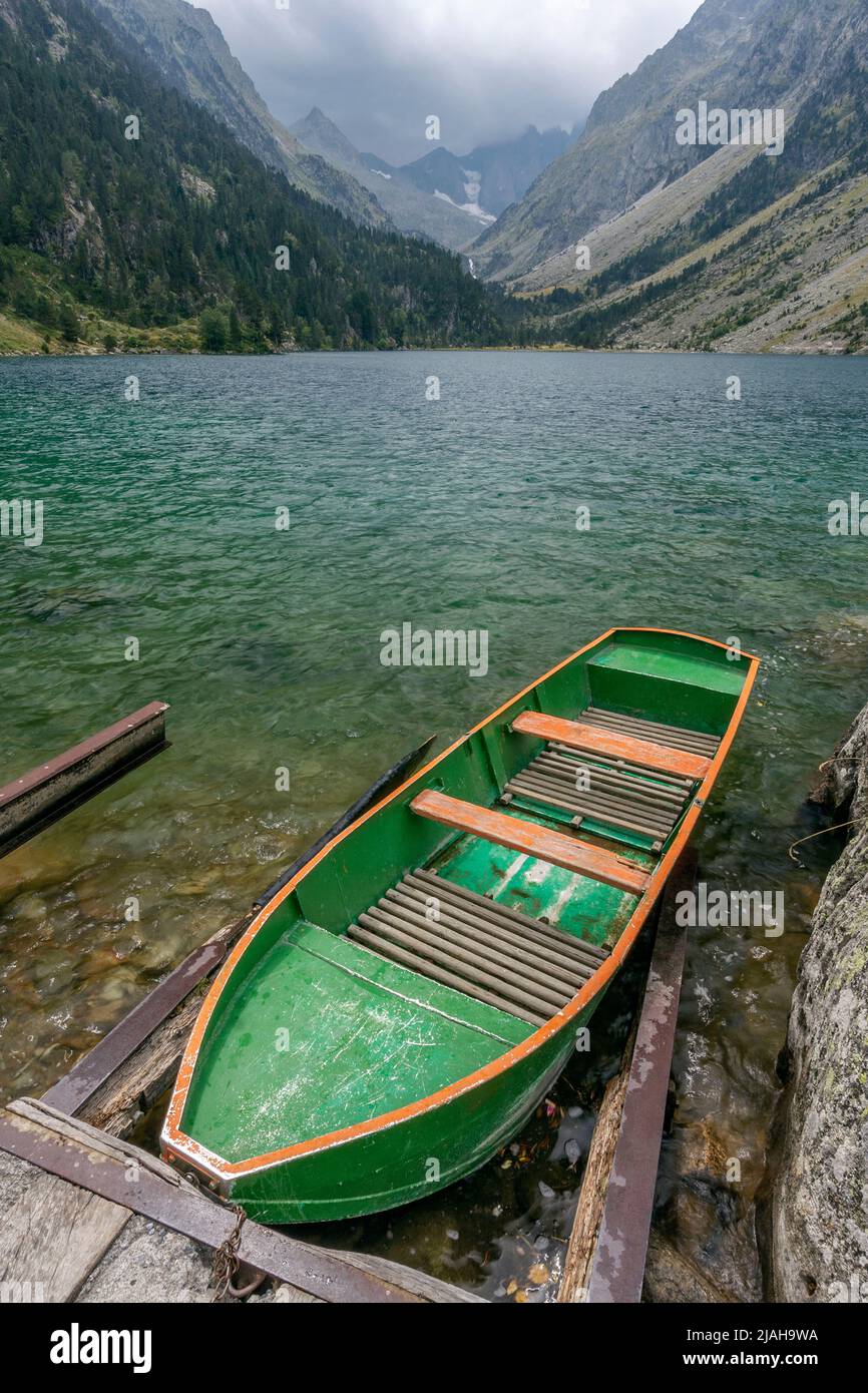 Boat at Gaube lake, Hautes Pyrenees national park, France Stock Photo