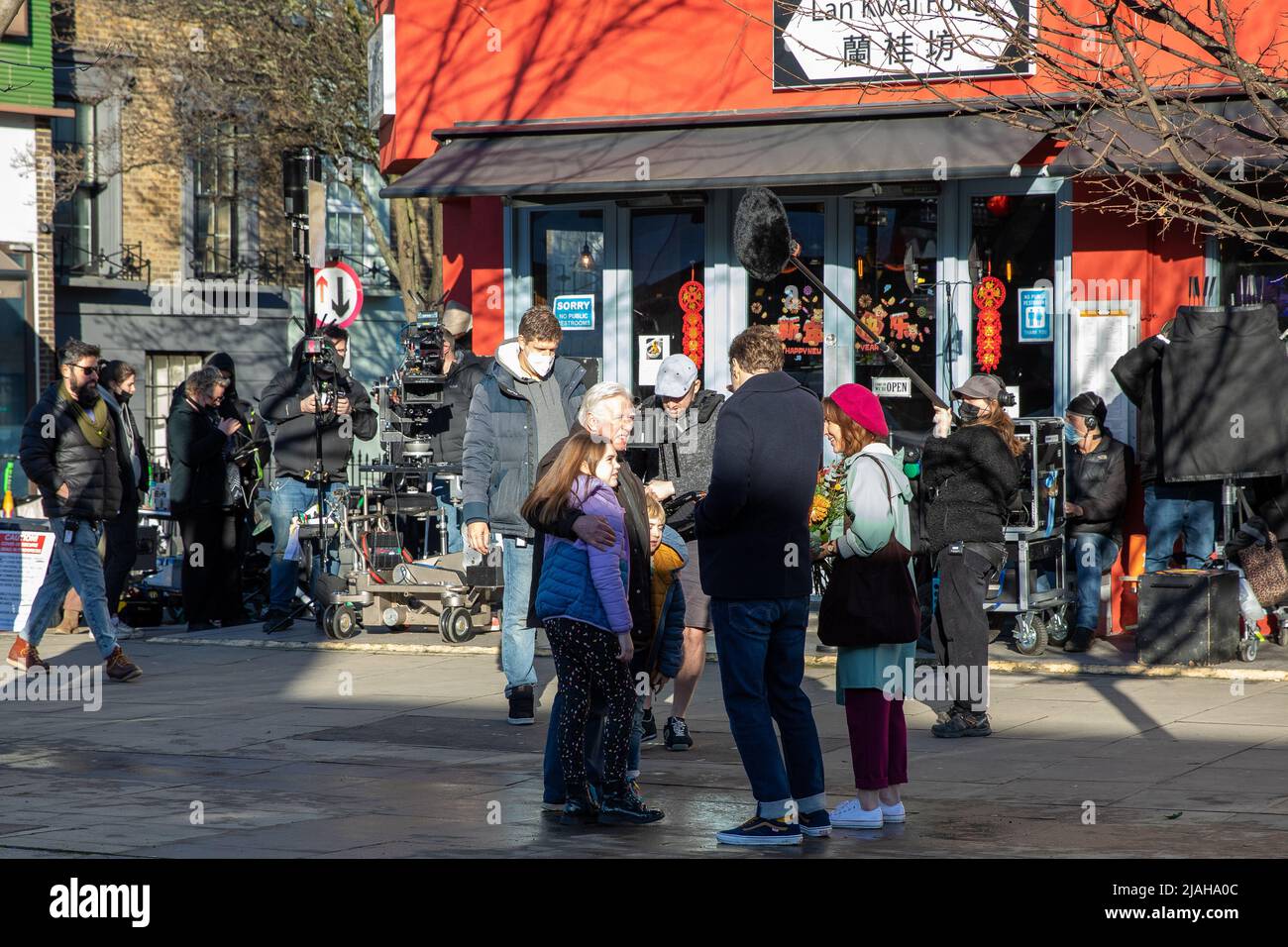 Camden Market, London UK. 12 January 2022. Cast and crew are on set for the filming of Trying TV season 3 for AppleTV+ channel. The two main actors Rafe Spall as Jason and Esther Smith as Nikki lead the action on set. Stock Photo