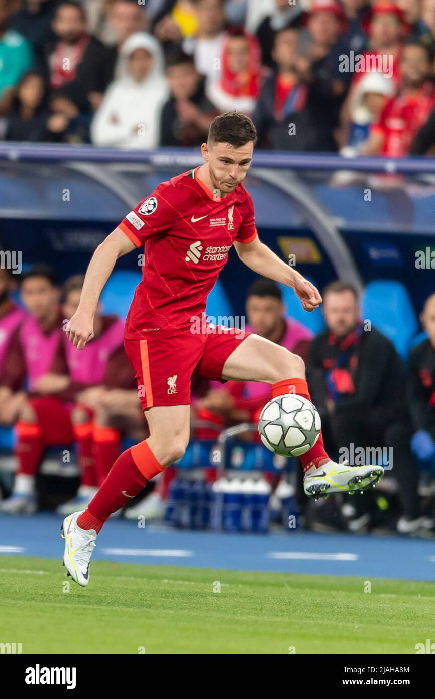 Liverpool's Andrew Robertson heads the ball during the Champions League  final soccer match between Liverpool and Real Madrid at the Stade de France  in Saint Denis near Paris, Saturday, May 28, 2022. (