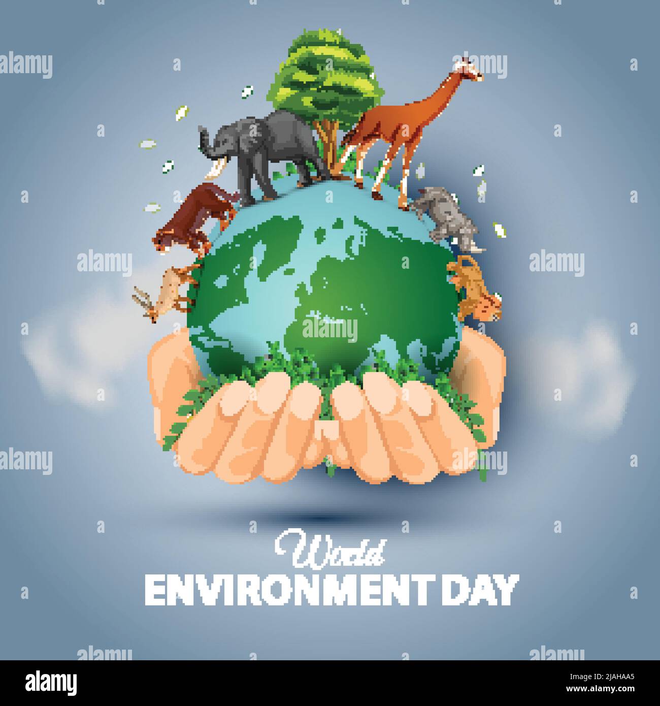 happy world environment day and earth day poster. two hands holding with glob and animals. vector illustration design. Stock Vector