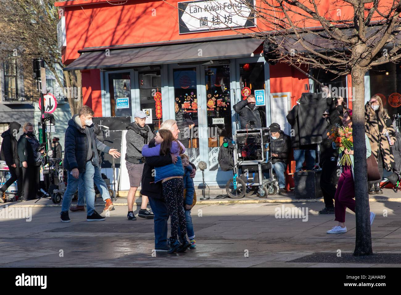Camden Market, London UK. 12 January 2022. Cast and crew are on set for the filming of Trying TV season 3 for AppleTV+ channel. The two main actors Rafe Spall as Jason and Esther Smith as Nikki lead the action on set. Stock Photo