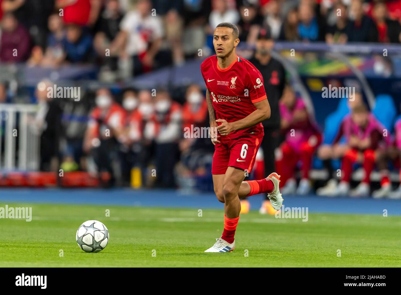 Liverpool's Andrew Robertson heads the ball during the Champions League  final soccer match between Liverpool and Real Madrid at the Stade de France  in Saint Denis near Paris, Saturday, May 28, 2022. (