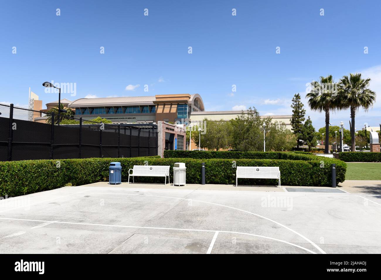 ORANGE, CALIFORNIA - 14 MAY 2020:  Lastinger Tennis Center of Chapman University, with the Marion Knott Studios in the background. Stock Photo