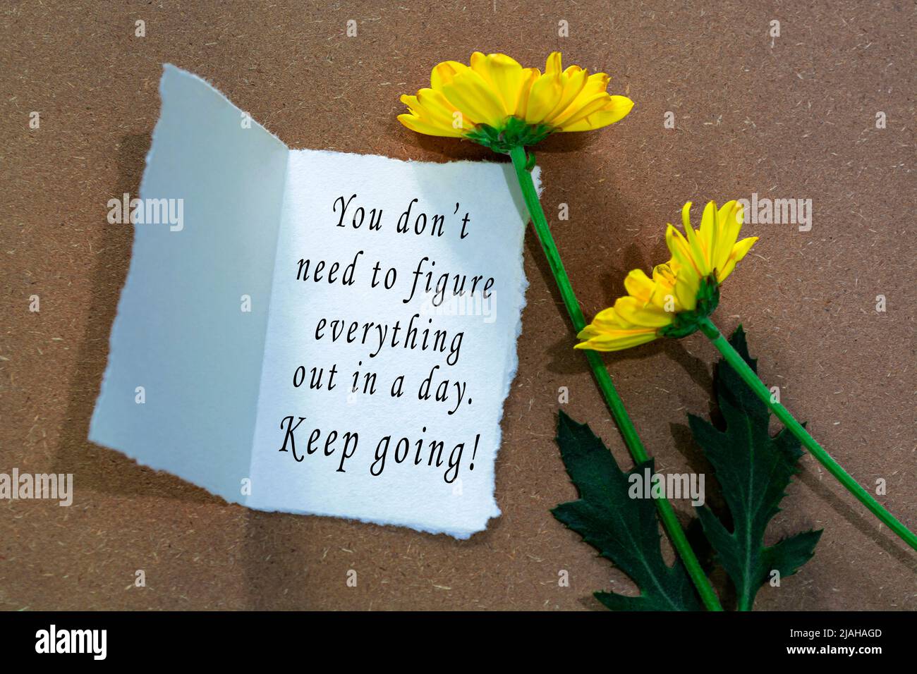Motivational and inspirational quote on white paper with flowers on wooden desk. Stock Photo