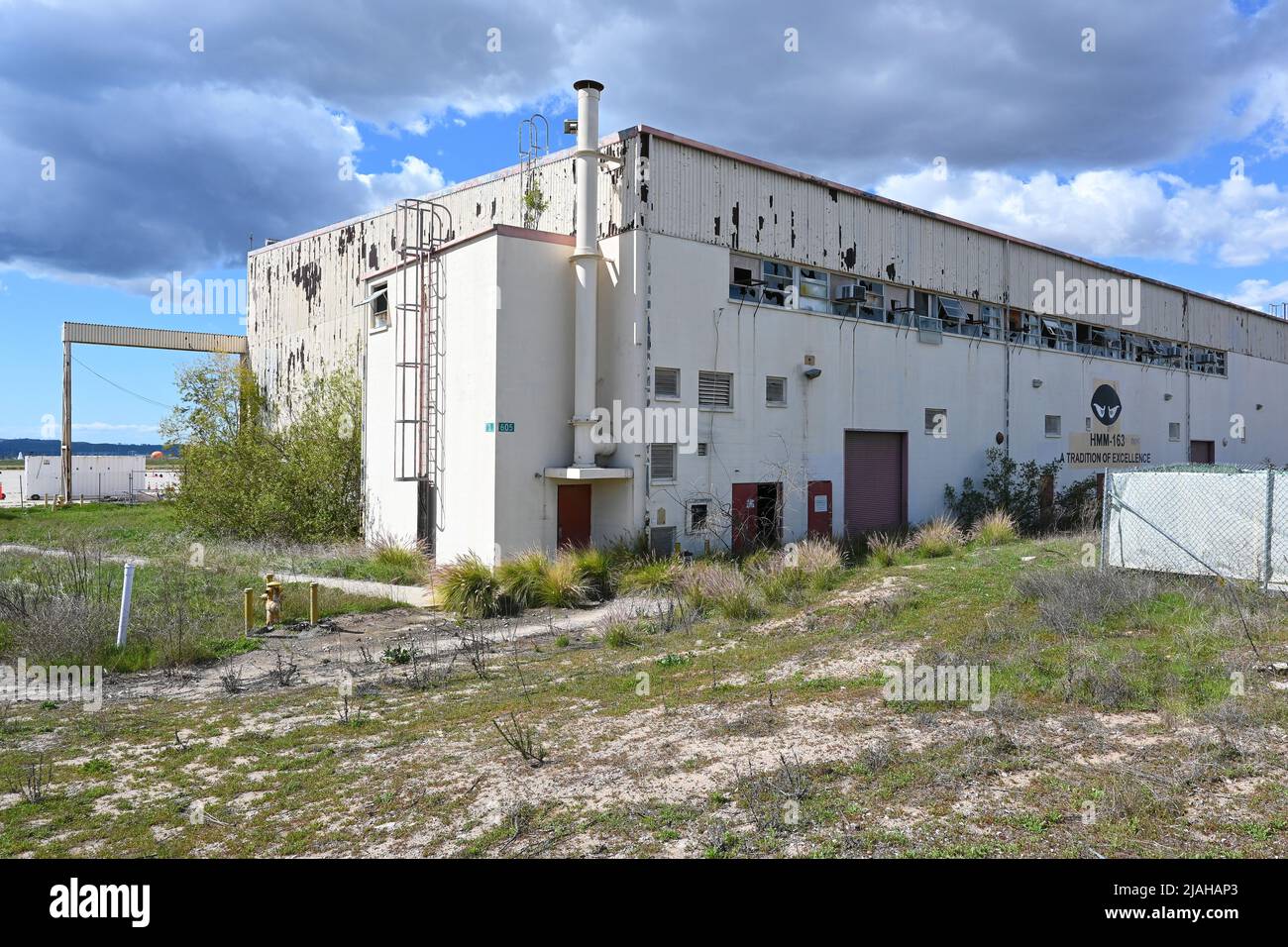 IRVINE, CALIFORNIA - 23 FEB 2022: HMM-163 Building on the Former USMC Air Station El Toro, now part of the Great Park and slated for demolition. Stock Photo