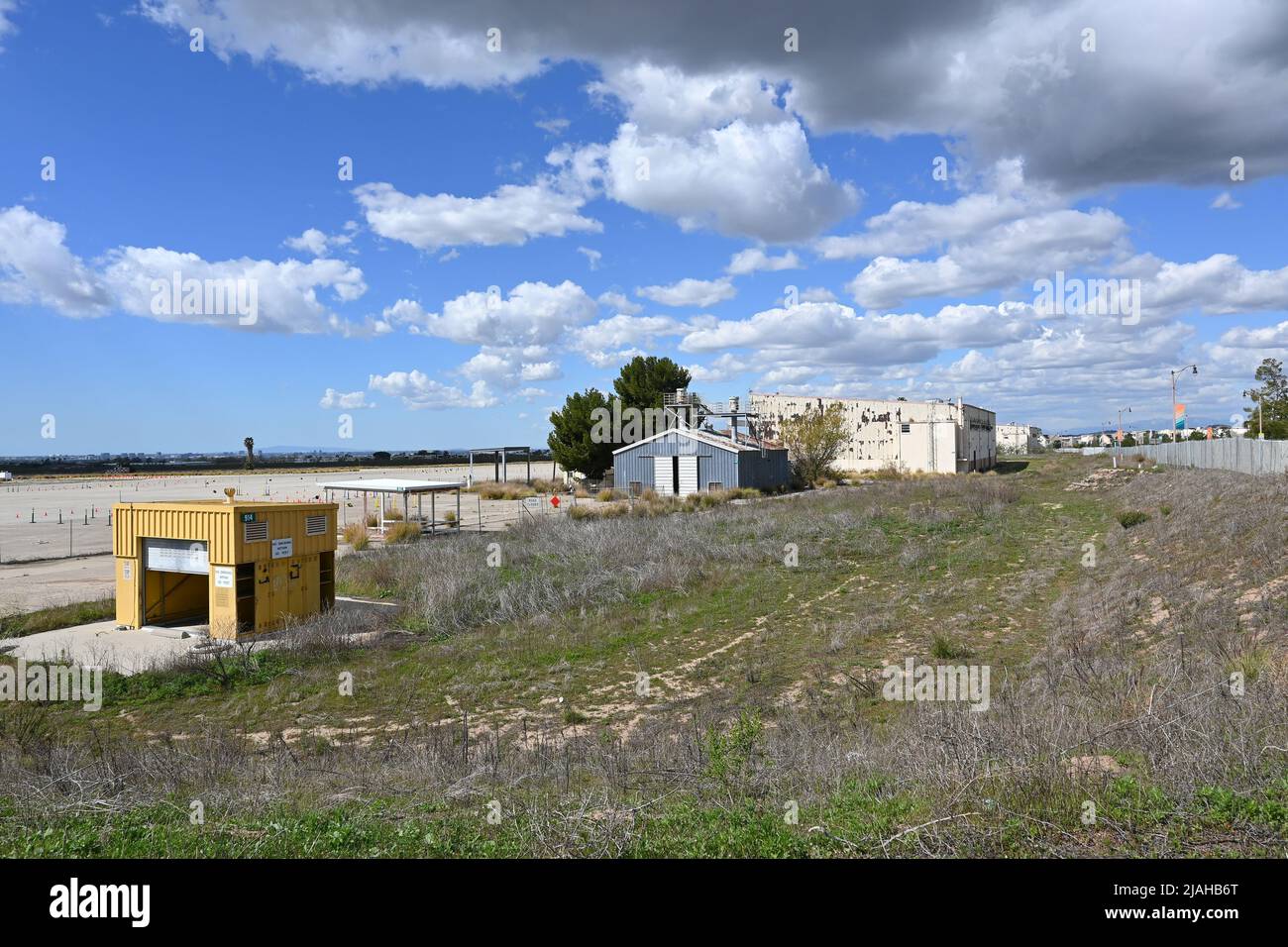 IRVINE, CALIFORNIA - 23 FEB 2022: HMM-163 Buildings and tarmac slated for removal on the Former USMC Air Station El Toro, now part of the Great Park. Stock Photo
