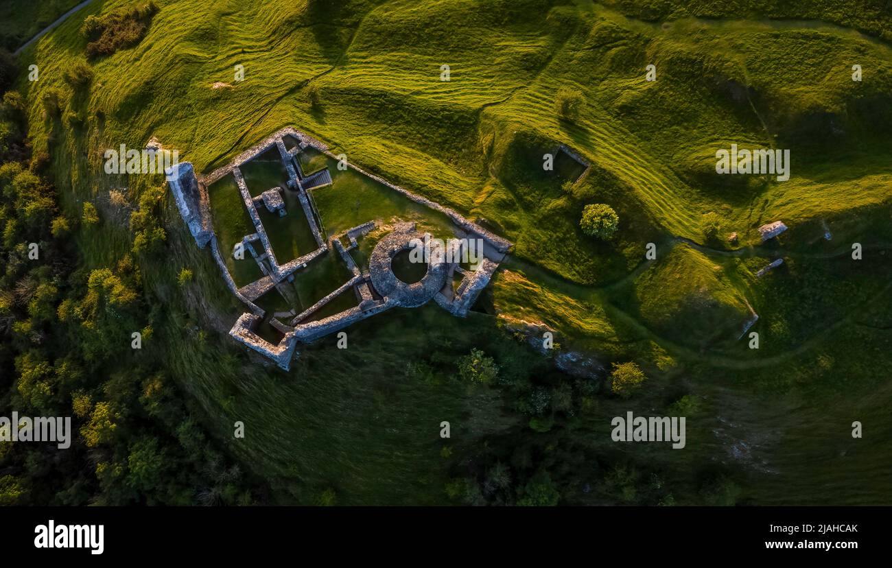 Drone view of Dryslwyn Castle, considered one of the most important remaining structures built by a Welsh chieftain, standing on high ground overlooki Stock Photo