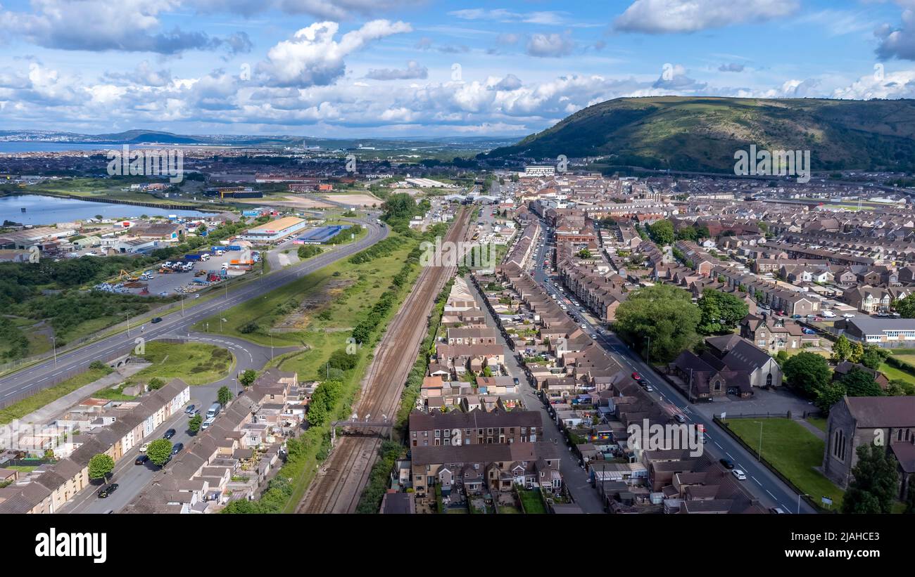 Editorial Port Talbot, UK - MAY 30, 2022: The Taibach area and houses near the Steel Works industry in the town of Port Talbot, South Wales UK Stock Photo