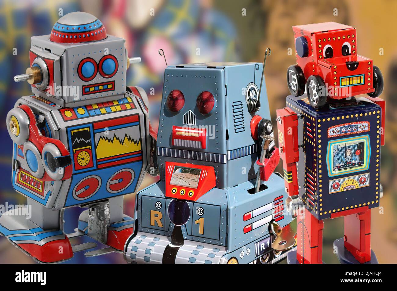 Vintage Toys - A series of nostalgic Tin Robots, childhood friends of past generations Stock Photo