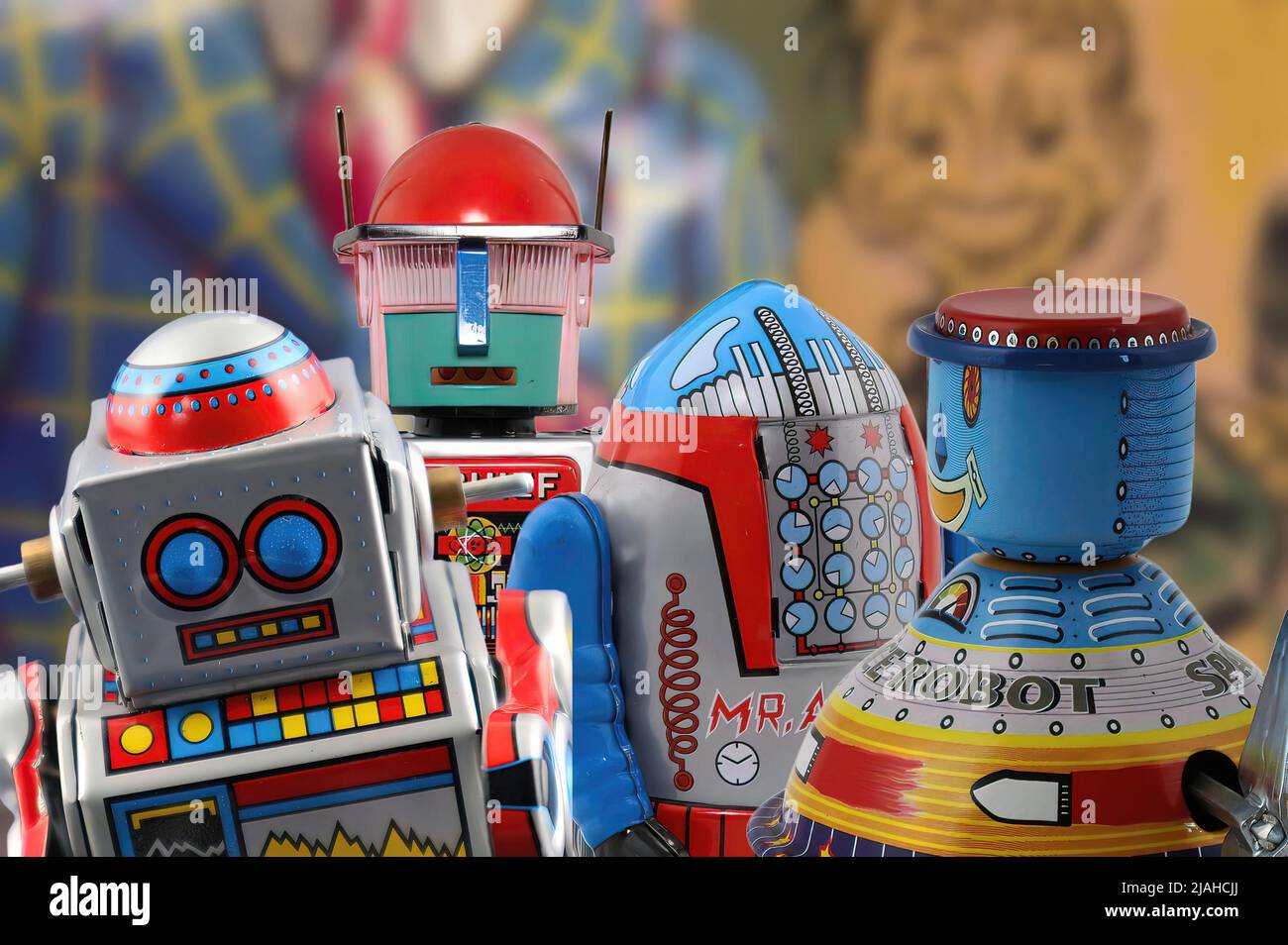 Vintage Toys - A series of nostalgic Tin Robots, childhood friends of past generations Stock Photo