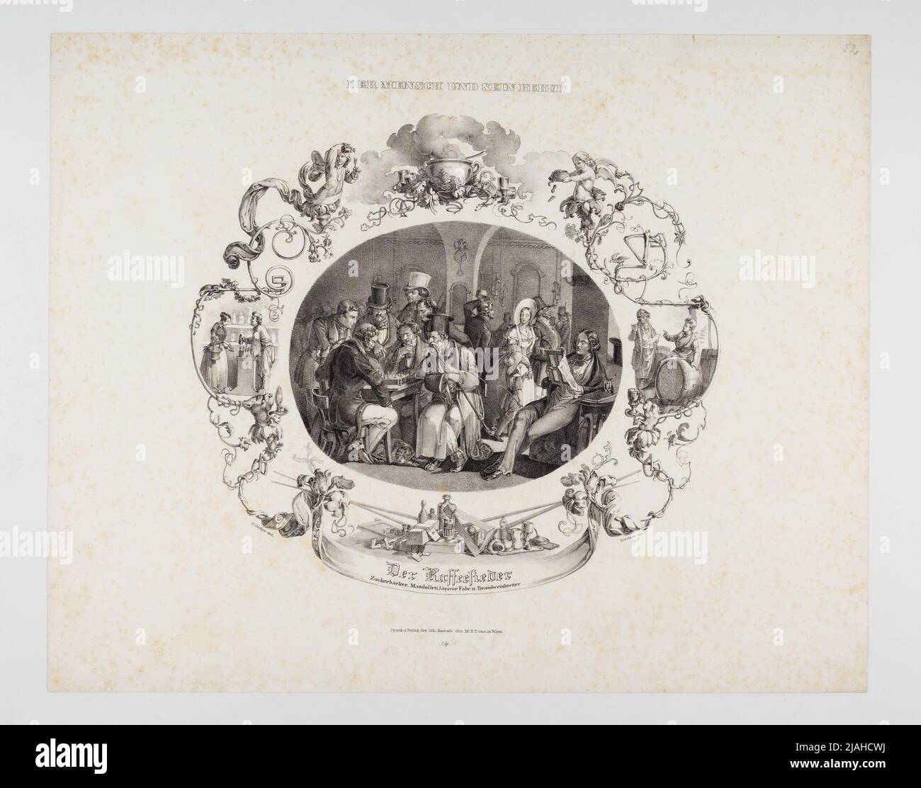 'People and his profession': 'Der Kaffeesieder. Zuckerbäcker, Mandolleti, Liqueur Fabr: u. Brandweinbrener'. Matthias Rudolph Toma (1792-1869), printer, publisher, Carl Josef Geiger (1822-1905), Drawer, August Strixner (1820-1855), lithographic Stock Photo