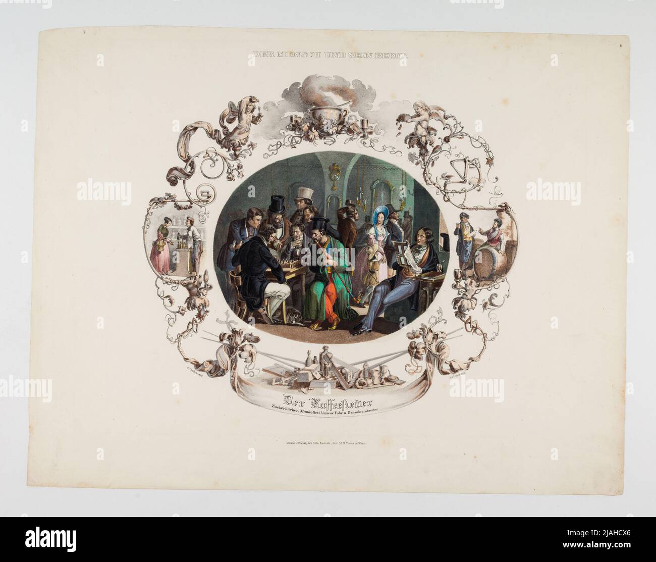 'People and his profession': 'Der Kaffeesieder. Zuckerbäcker, Mandolleti, Liqueur Fabr: u. Brandweinbrener'. Carl Josef Geiger (1822-1905), Artist, August Strixner (1820-1855), Lithographer, Matthias Rudolph Toma (1792-1869), publishing house Stock Photo