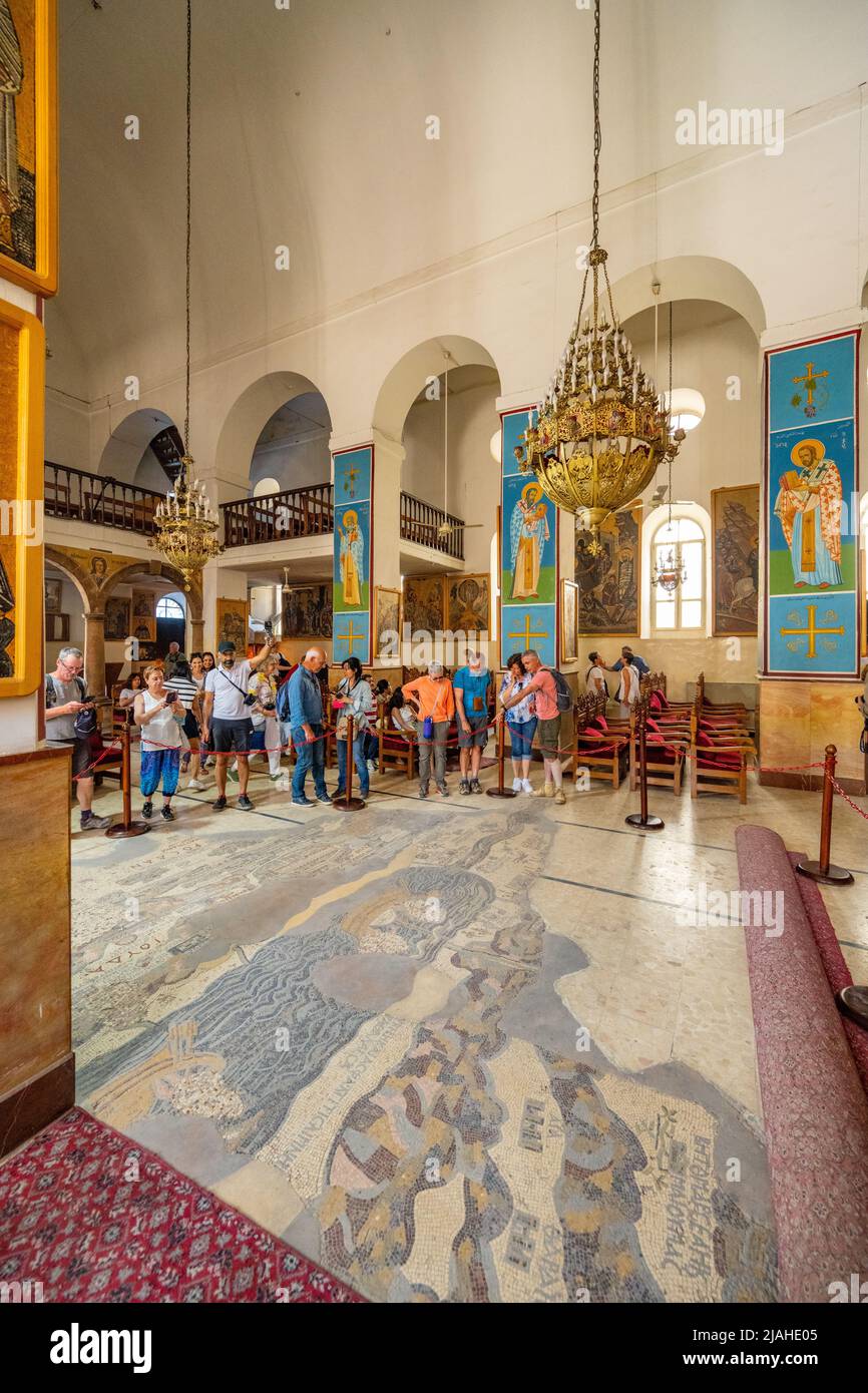 Interior of the Greek Orthodox Basilica of Saint George Madaba. With the Madaba mosaic map of the Holy Land. Stock Photo