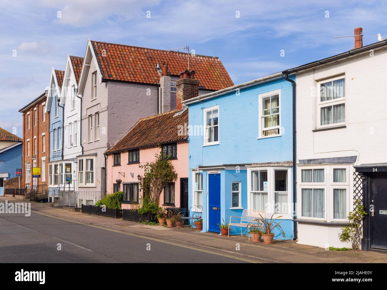 Row of colourful houses and cottages in Aldeburgh High Street, Suffolk. UK. Stock Photo