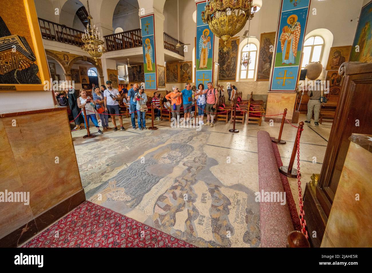 Interior of the Greek Orthodox Basilica of Saint George Madaba. With the Madaba mosaic map of the Holy Land. Stock Photo