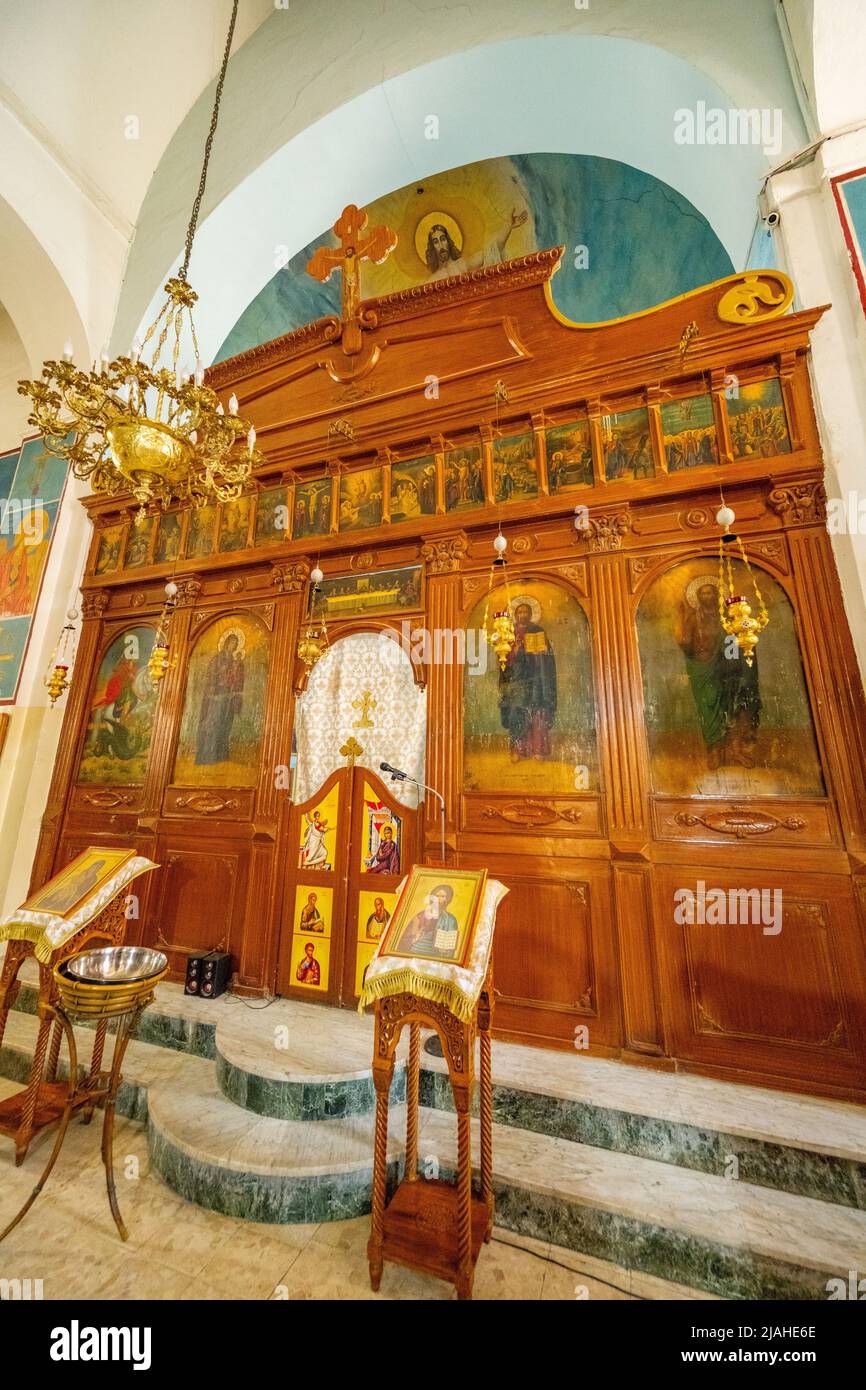 Interior of the Greek Orthodox Basilica of Saint George Madaba. Home of the Madaba mosaic map Stock Photo