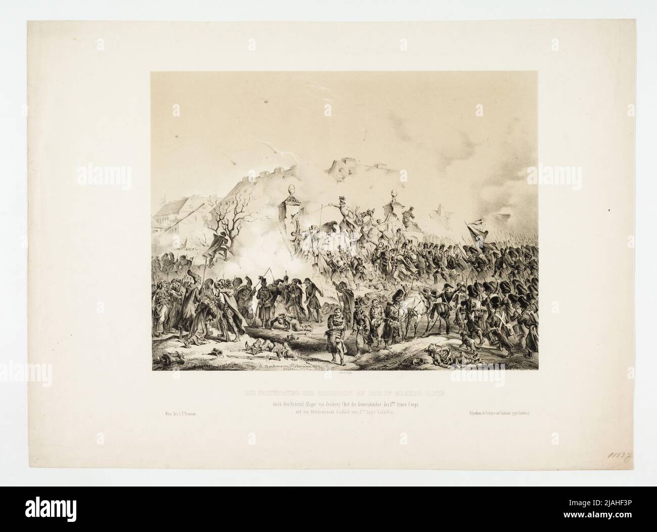 'The storming of the Barricade at the St. Marxer line / by the General Major of Zeisberg. Chief of the General Staff of the 1st Army Corps / and the senior lieutenant Zullach from the 5th Jäger Battalion.' (on October 28, 1848). B. Bachmann-Hohmann, Lithographer, Johann Rauh (1803-1863), Printer, Leopold Theodor Neumann (1804-1876), publisher Stock Photo