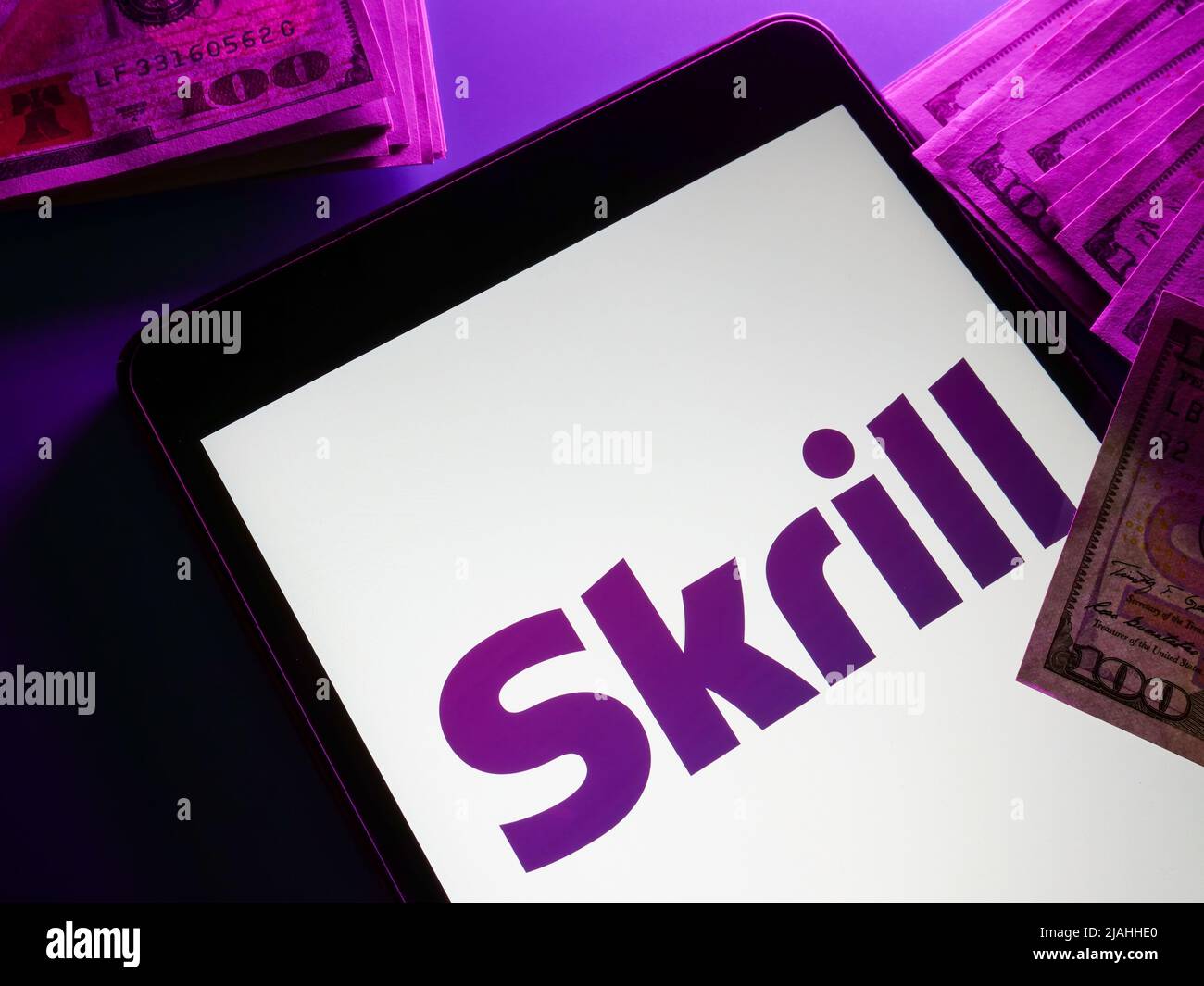 KYIV, UKRAINE - May 4, 2022. Skrill logo International money transfers. Stock Photo