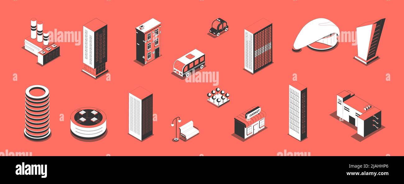 Metropolis set with isolated isometric icons and images of modern urban buildings and cars with shadows vector illustration Stock Vector