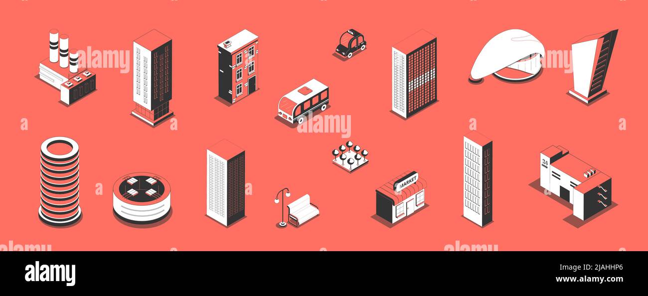 Metropolis set with isolated isometric icons and images of modern urban ...