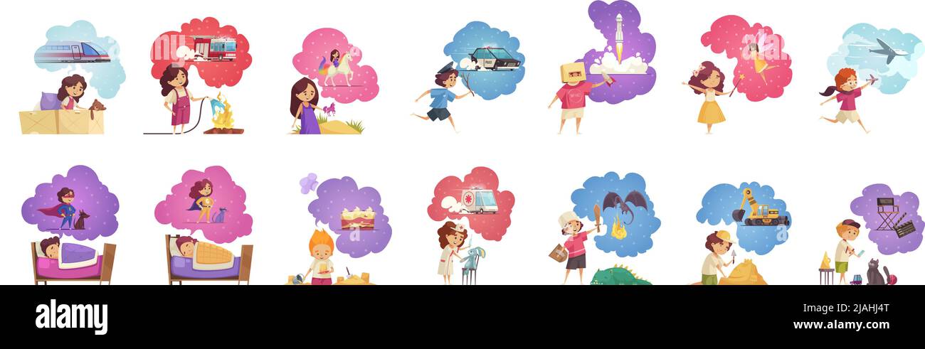 Kids children dreaming set of isolated cartoon style characters with desires wishes images in thought bubbles vector illustration Stock Vector