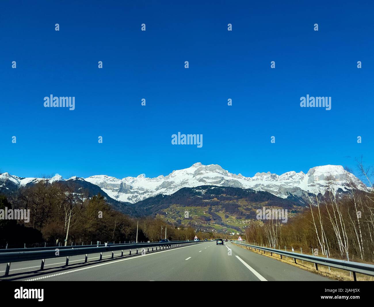 Road A40 in France view over Chaine des Aravis mountains Stock Photo