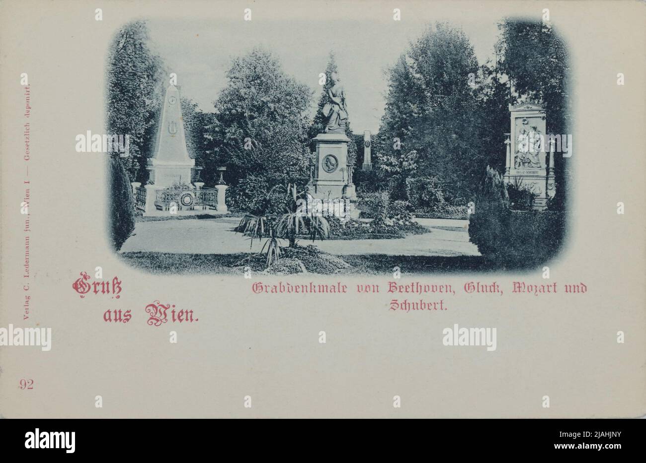 11., Central Cemetery - honorary graves of Beethoven, Gluck, Mozart and Schubert, postcard. Carl (Karl) Ledermann jun., Producer Stock Photo