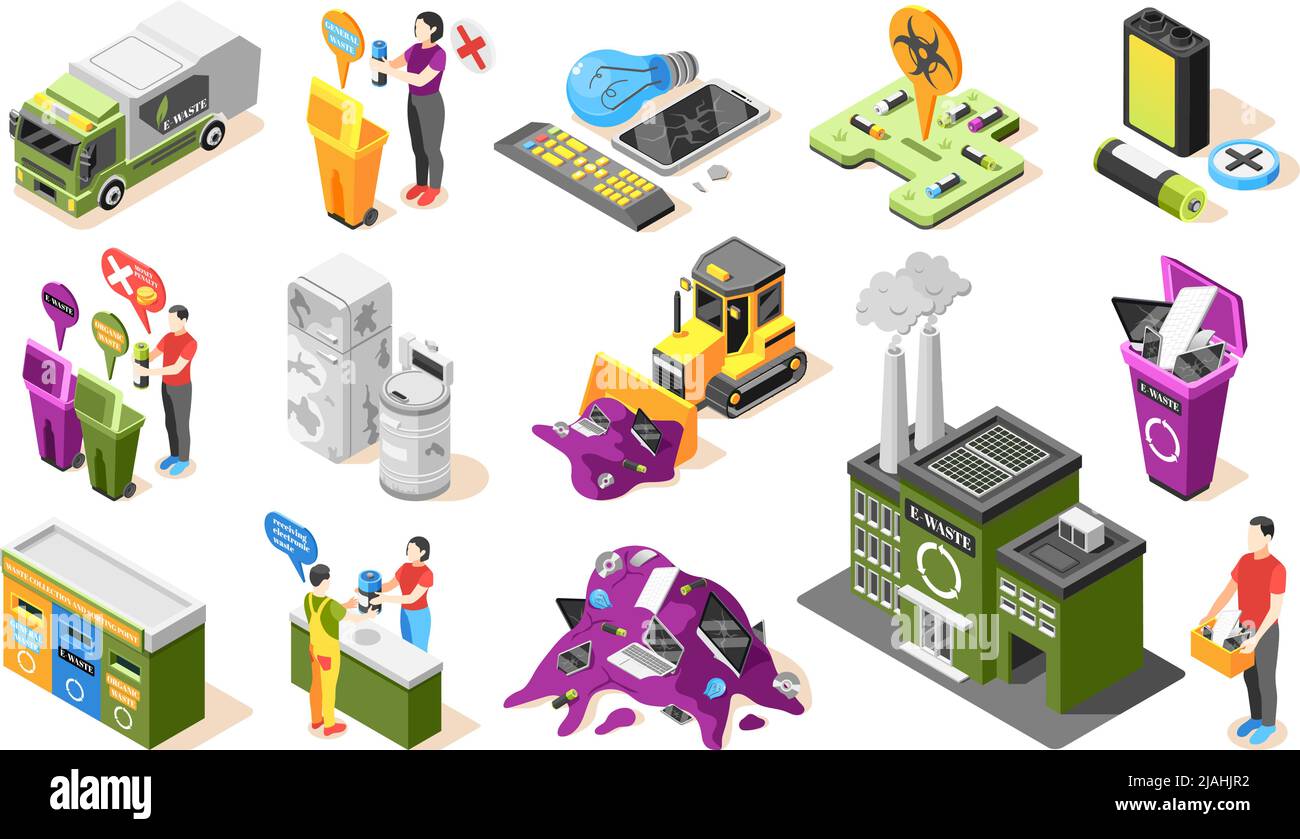 Electronic garbage isometric icons collection with isolated icons of dead batteries waste bins and disposal fields vector illustration Stock Vector