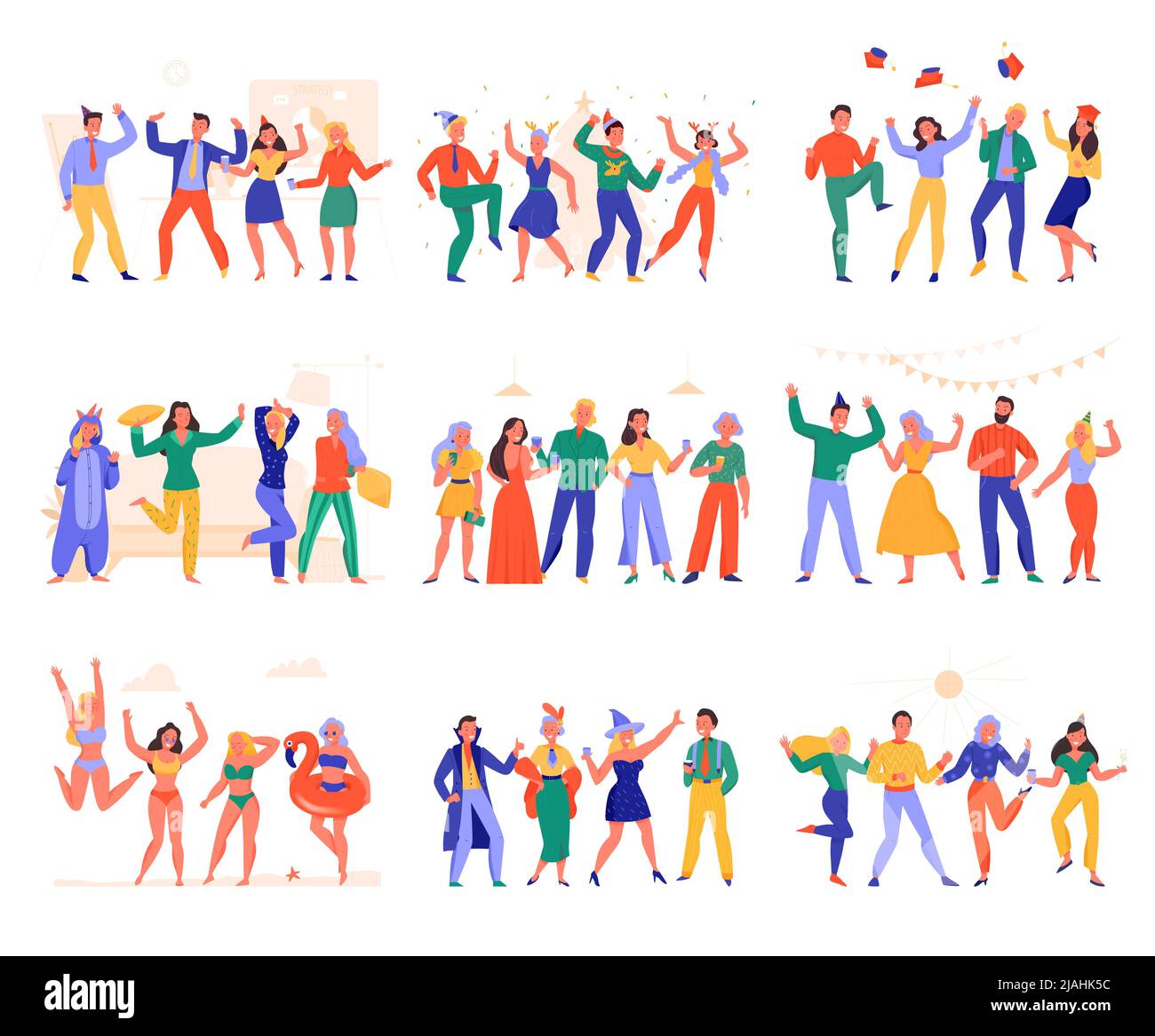 Happy people dancing at theme pyjamas and swimming pool party flat set  isolated on white background vector illustration Stock Vector Image & Art -  Alamy