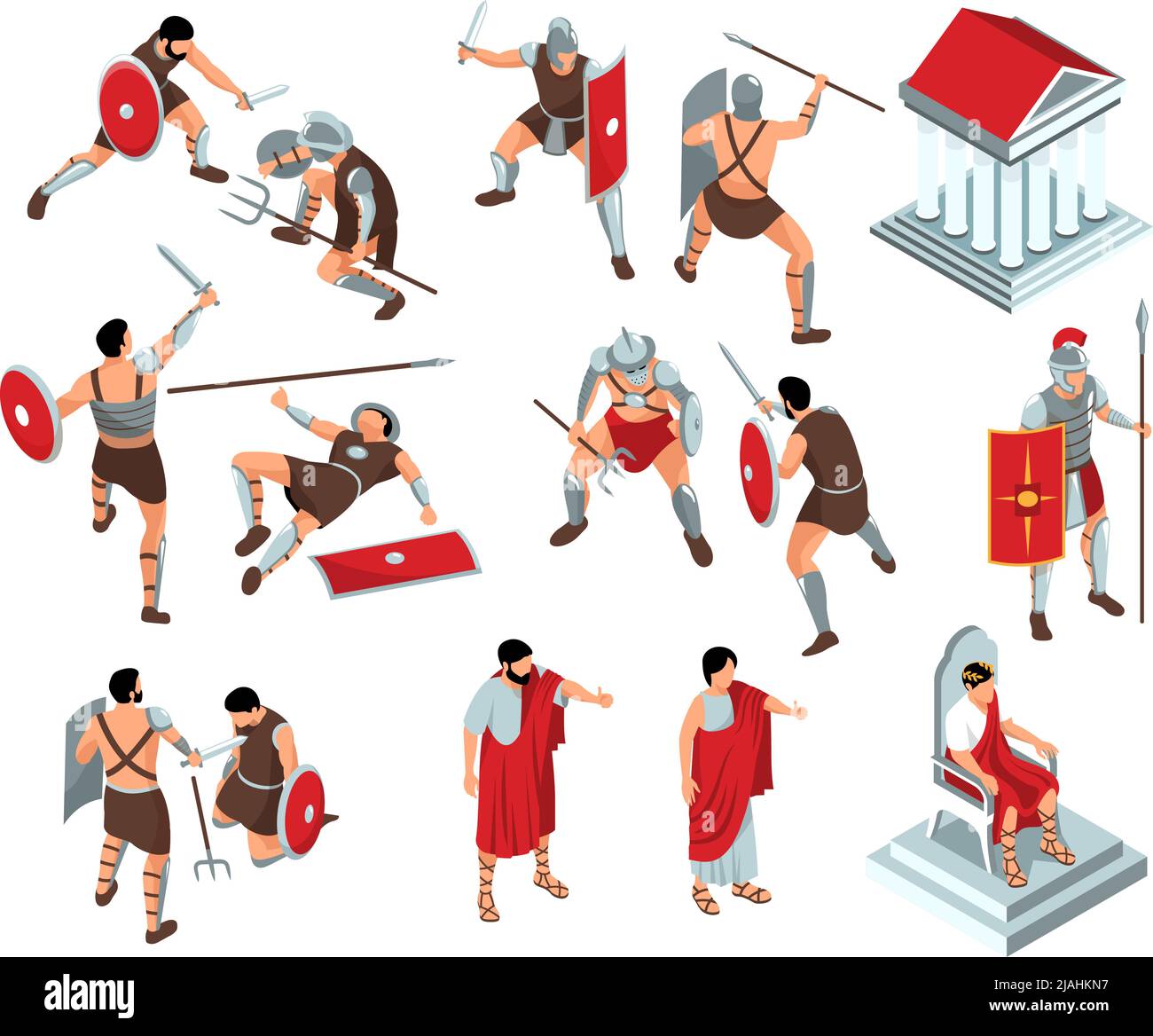 Isometric ancient rome gladiators set with isolated icons and characters of patricians and fighters with weapons vector illustration Stock Vector