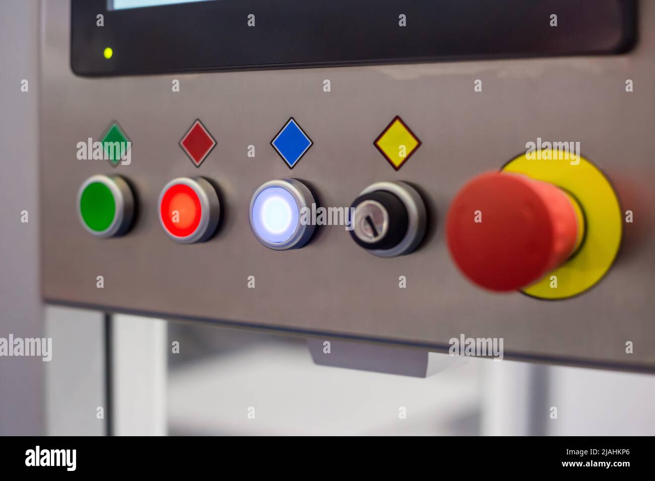 Machine control panel with push buttons and switches at factory Stock ...