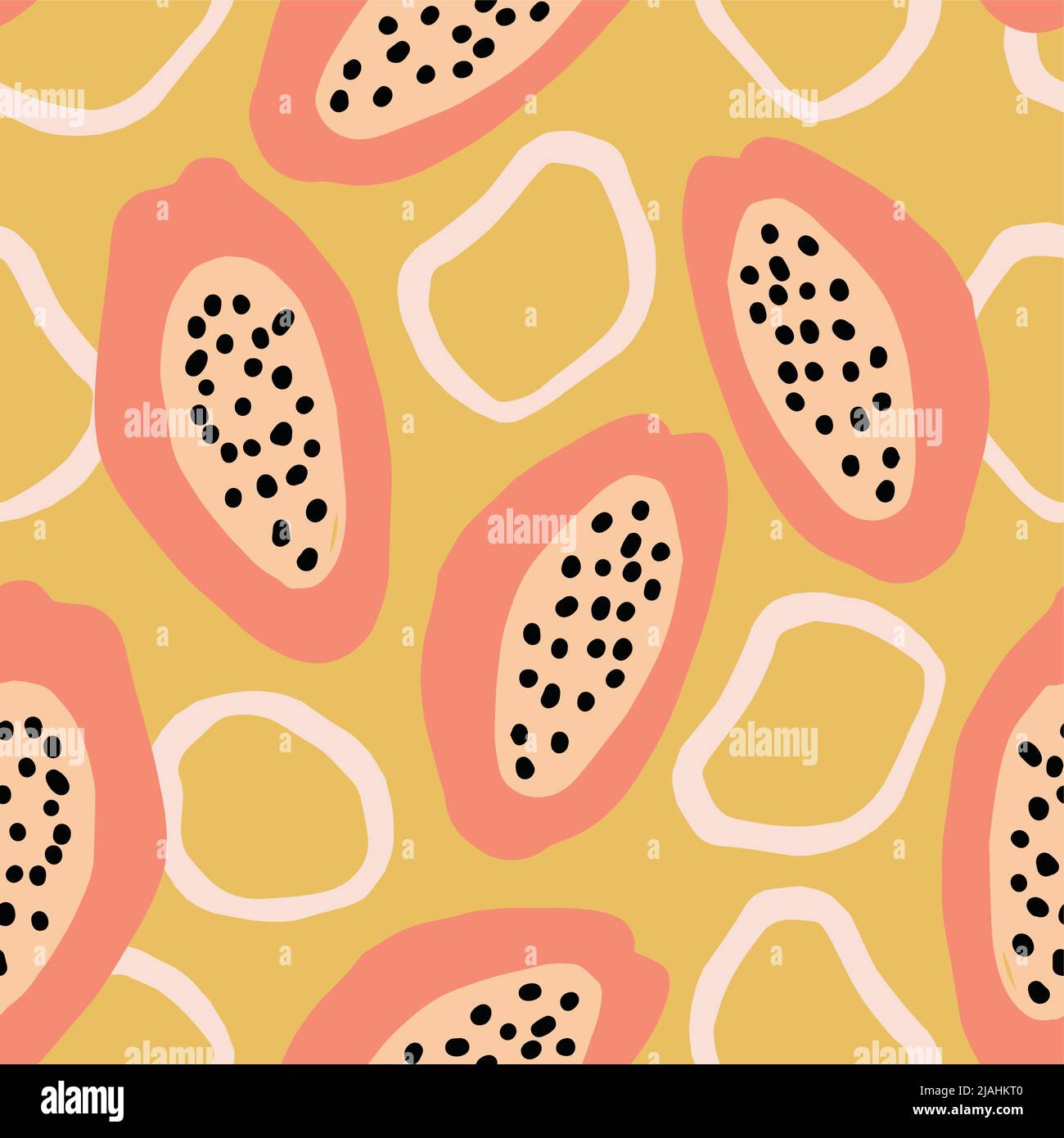 Floral seamless pattern. Sliced papaya fruit and abstract organic circles, round shapes.and Yellow background. Summer textile, fabric food design Stock Vector