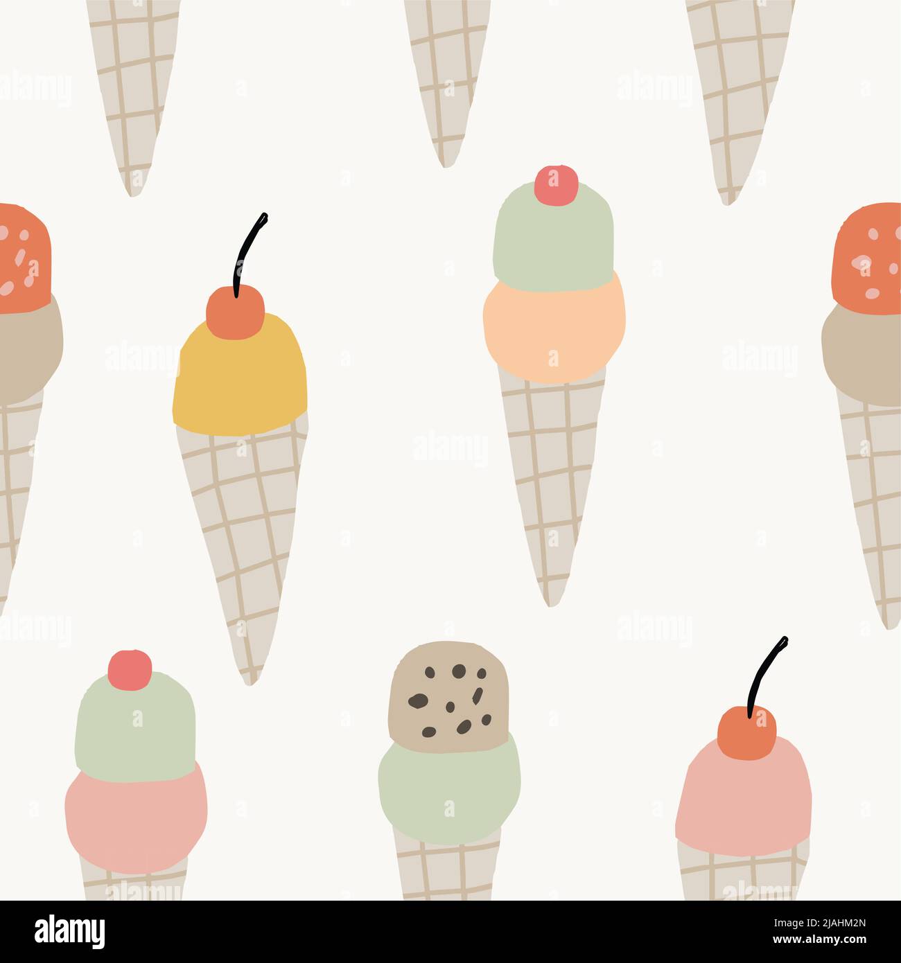 Summer food seamless pattern with coclorful ice creams. Hand darwn cute kids textile, fabric design with fruit and food. Hand drawn vector Stock Vector