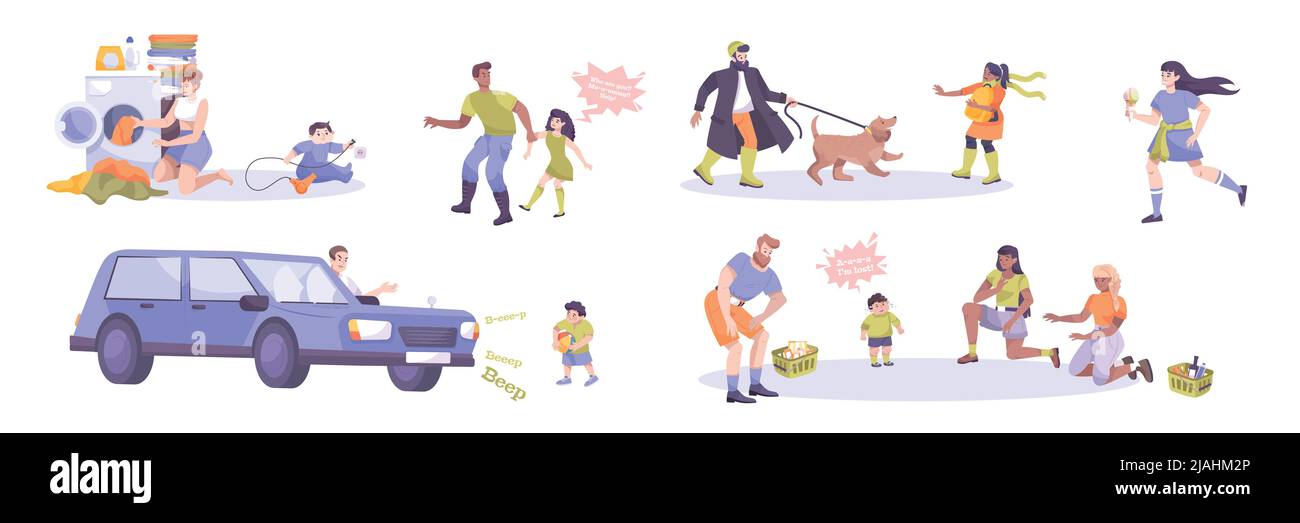 Child safety icons set with electricity and cars flat isolated vector illustration Stock Vector