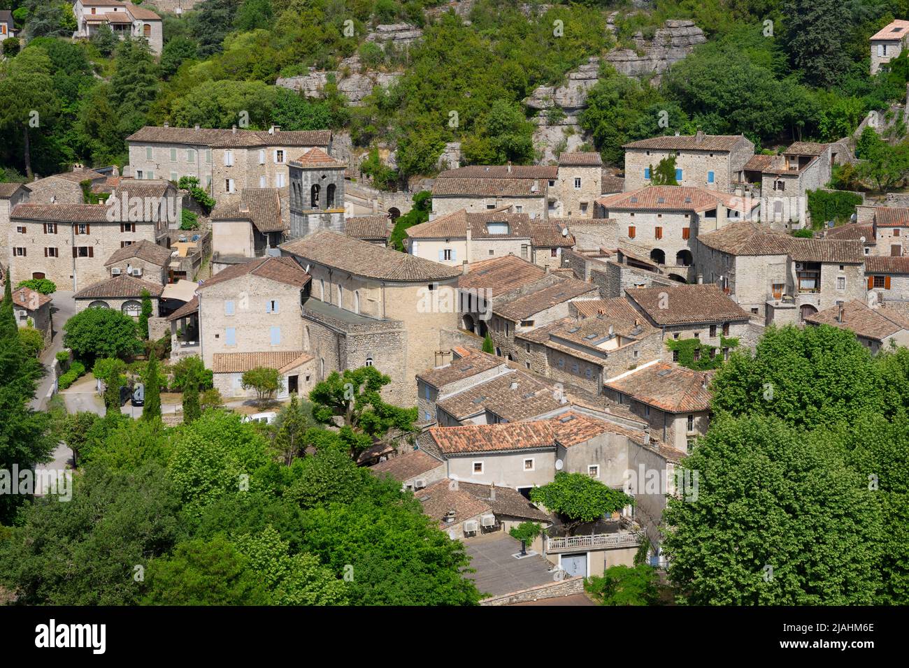 View of Labeaume,  beautiful french village, France. Stock Photo
