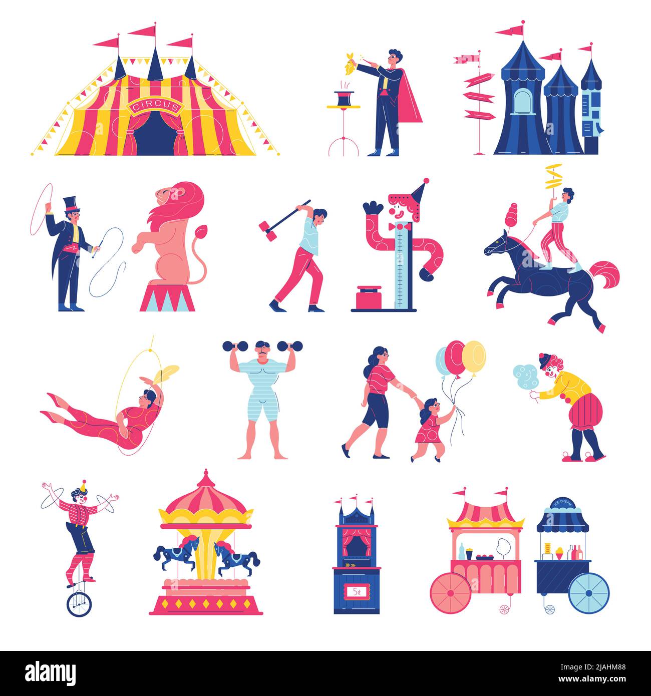 Circus funfair set with isolated icons of big top fairground rides market stalls and human characters vector illustration Stock Vector